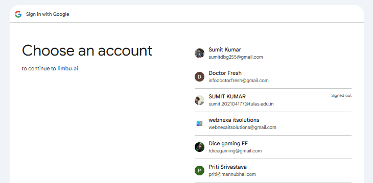 Google 'Choose an account' screen while continuing to limbu.ai
