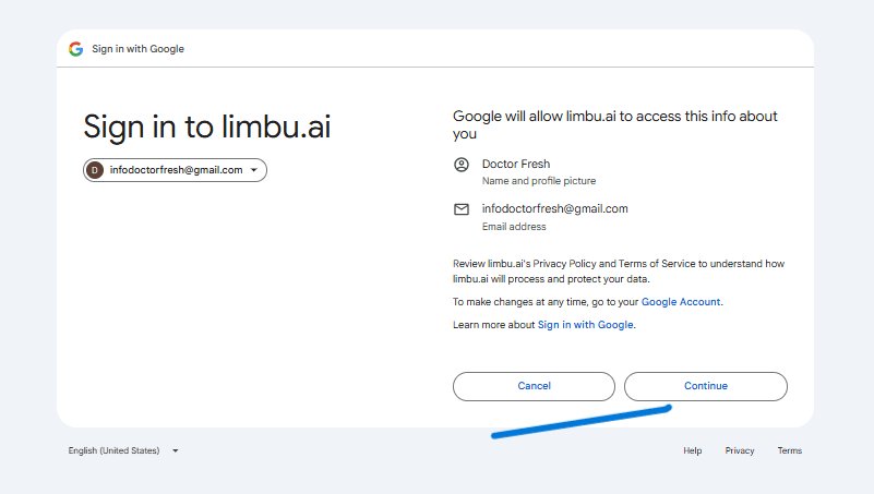 Google consent screen showing limbu.ai account access, with the Continue button