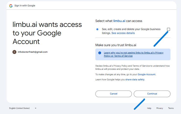 Granting limbu.ai permission to manage Google business listings
