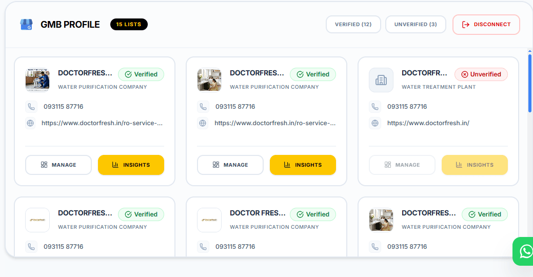 Connected Google Business Profile listings in the Limbu AI dashboard
